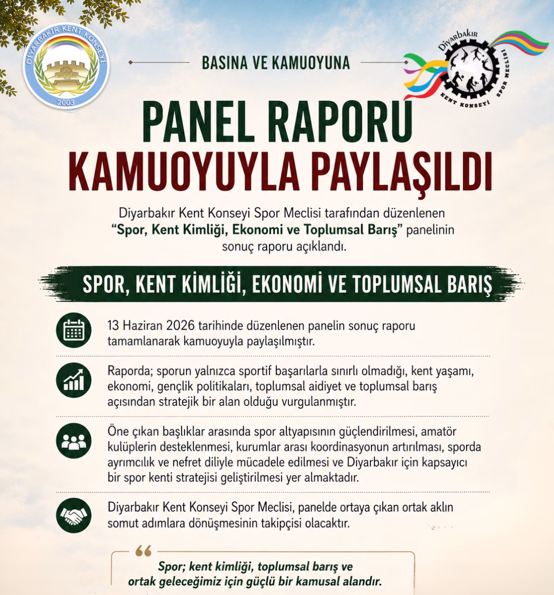 Diyarbakır Kent Konseyi Spor Meclisi “Spor, Kent Kimliği, Ekonomi ve Toplumsal Barış” Panel Raporunu Kamuoyuyla Paylaşıyor